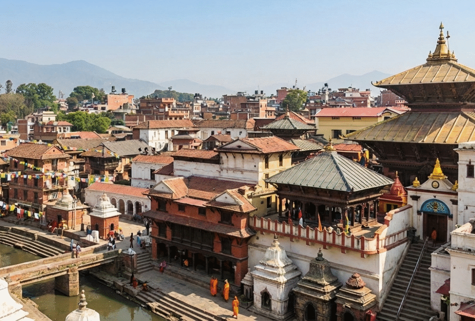 Raxaul to Kathmandu tour package showing Pashupatinath Temple and Kathmandu city skyline during Nepal sightseeing