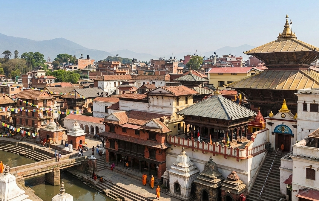Raxaul to Kathmandu tour package showing Pashupatinath Temple and Kathmandu city skyline during Nepal sightseeing