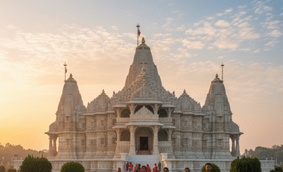 Devotees walking at Ayodhya Ram Mandir during sunrise