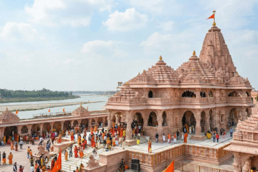 Ayodhya Ram Mandir with devotees and river view during daytime